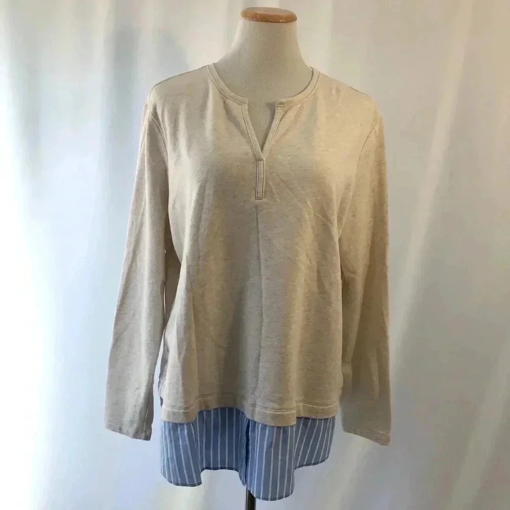 Van Heusen Layered Top Women XL Oatmeal Blue Striped‎ Hem Mixed Media
